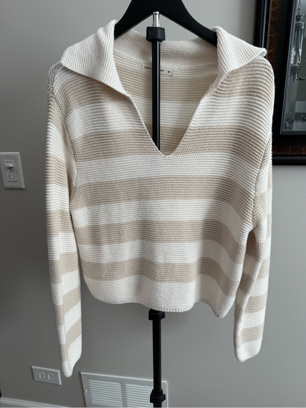 moon & madison Cream and Tan Striped V-Neck Sweater